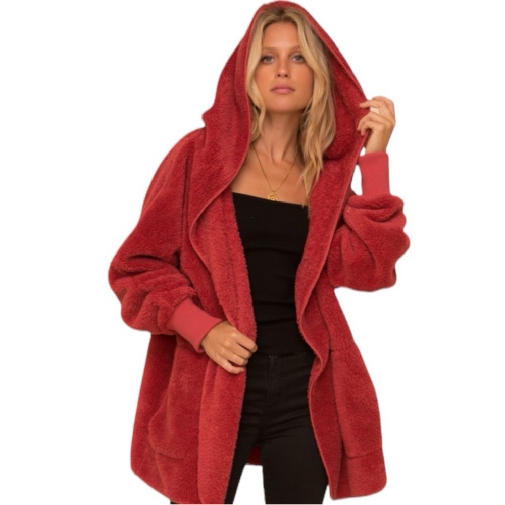 WOMENS HOODED PLUSH JACKET WITH POCKETS IN RED NWT
